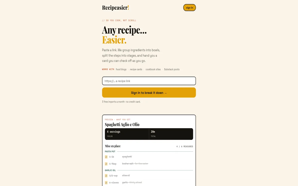 Recipeasier homepage